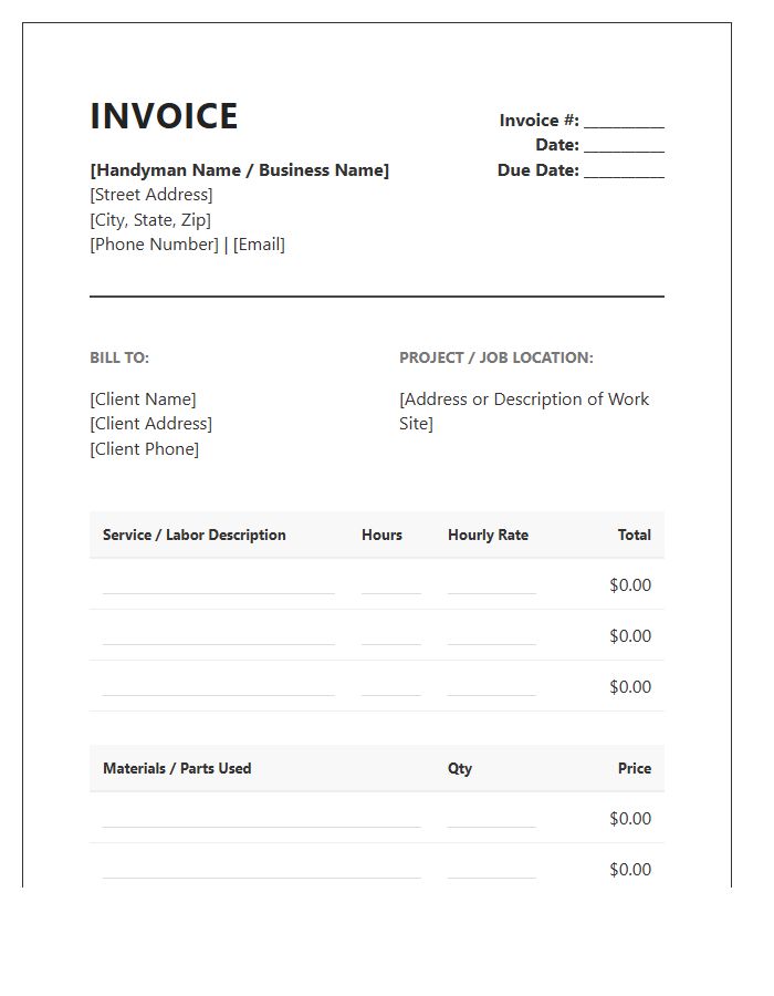 Detailed Handyman Hourly Labor Invoice Template