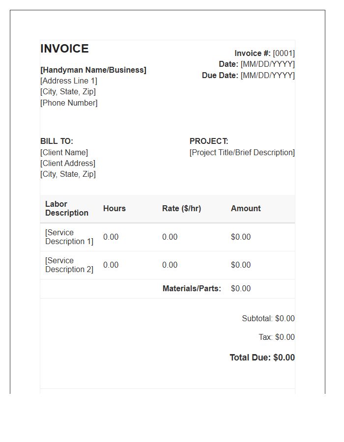 Handyman Hourly Labor Expense Invoice Template