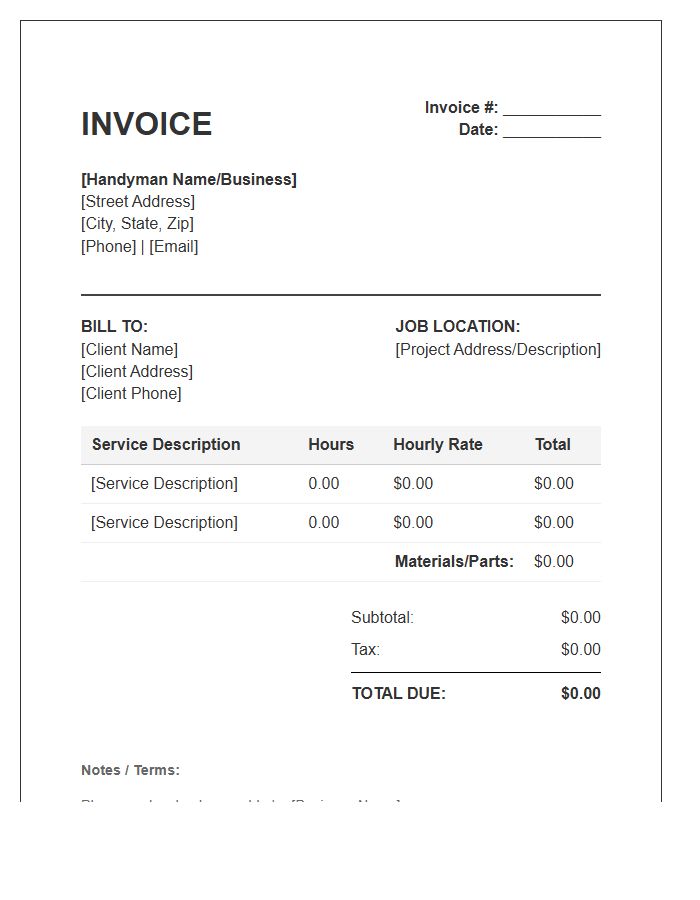 Hourly Service Fee Handyman Invoice Template