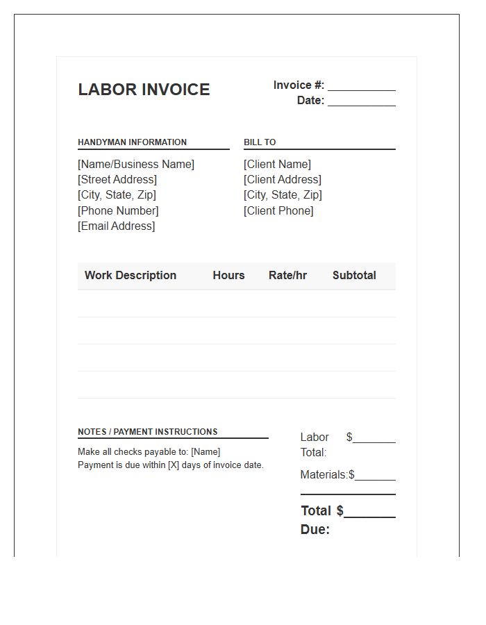 Independent Handyman Hourly Labor Invoice Template