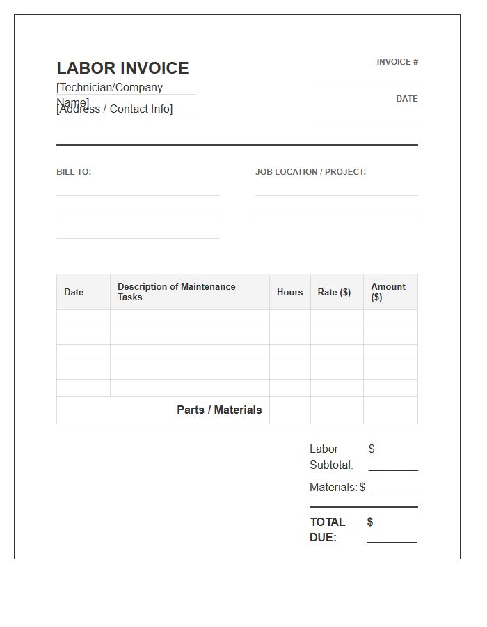 Maintenance Technician Hourly Labor Invoice Template