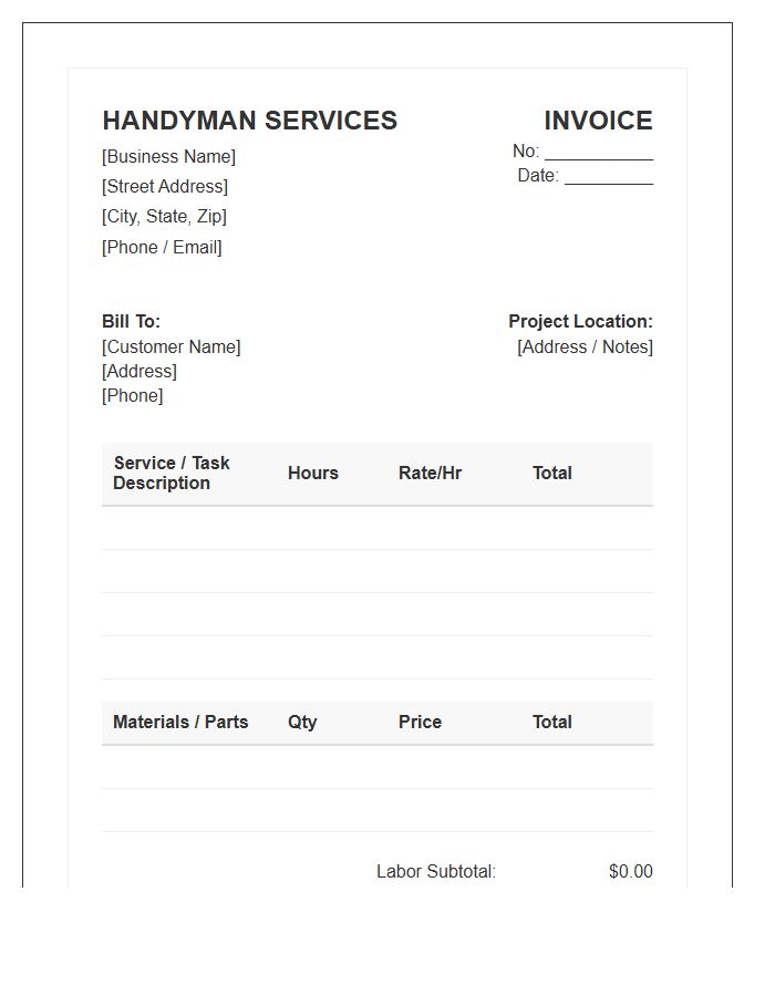 Multi Service Handyman Hourly Labor Invoice Template
