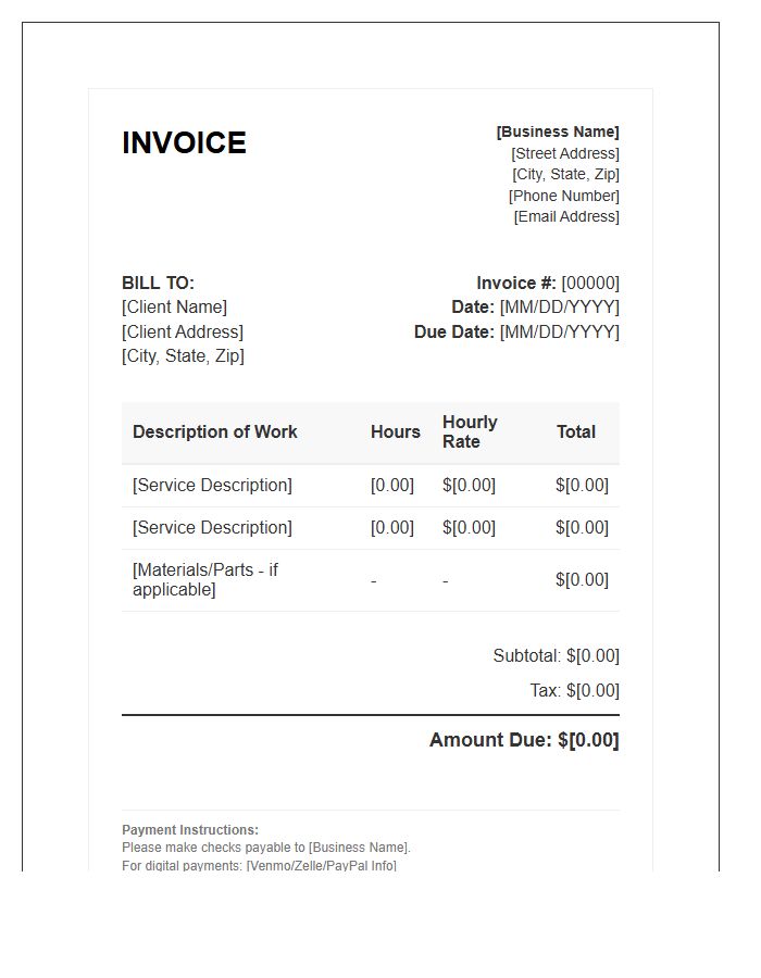 Small Business Handyman Hourly Labor Invoice Template