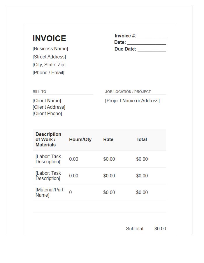 Standard Handyman Hourly Labor Invoice Template
