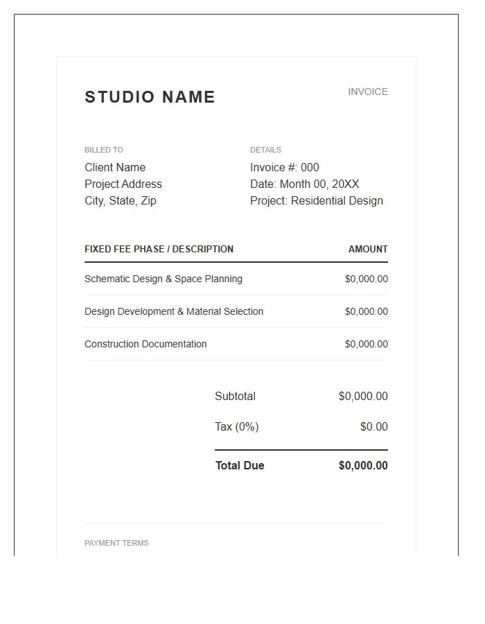 Fixed Fee Interior Design Invoice Template