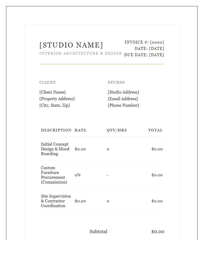 High End Interior Design Consultant Invoice Template