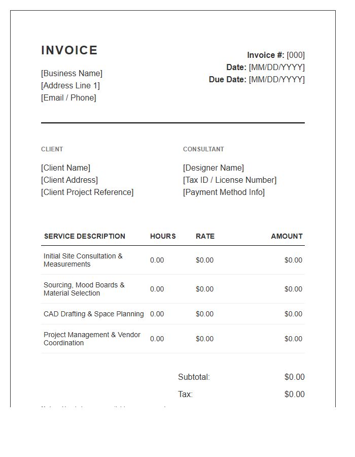 Hourly Rate Interior Design Consultant Invoice Template