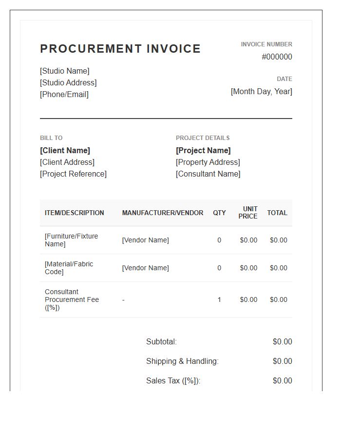 Interior Design Consultant Procurement Invoice Template