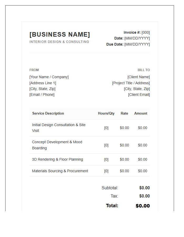 Interior Design Consultant Service Invoice Template