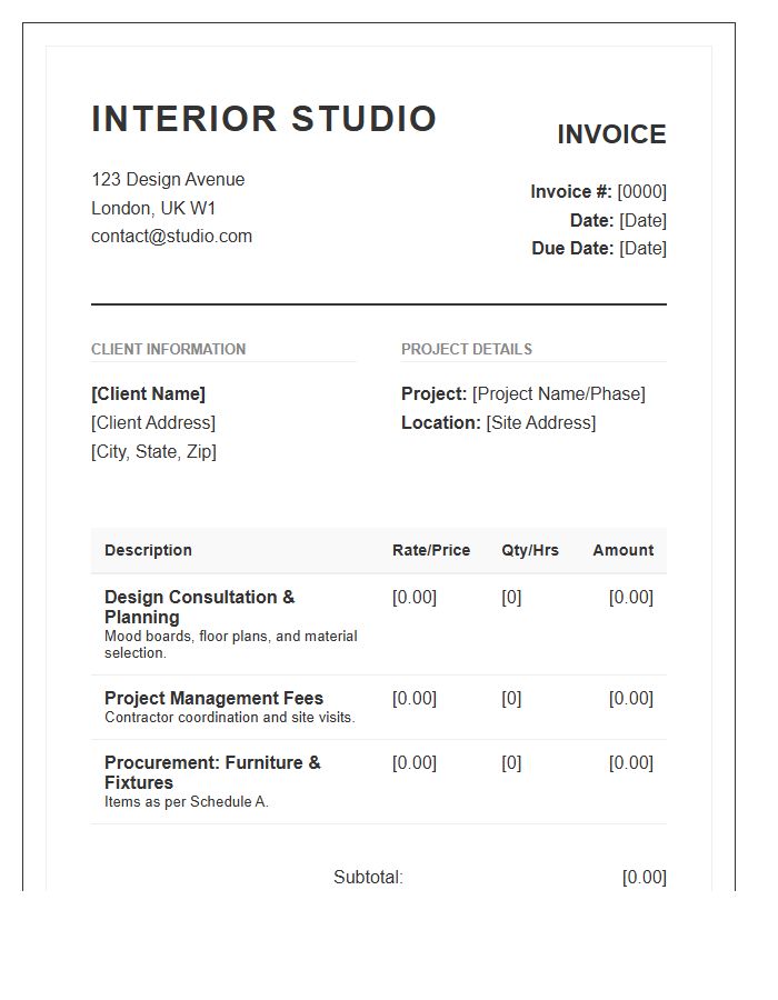 Interior Design Project Management Invoice Template
