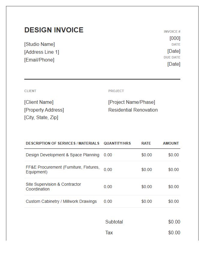 Residential Renovation Interior Design Invoice Template