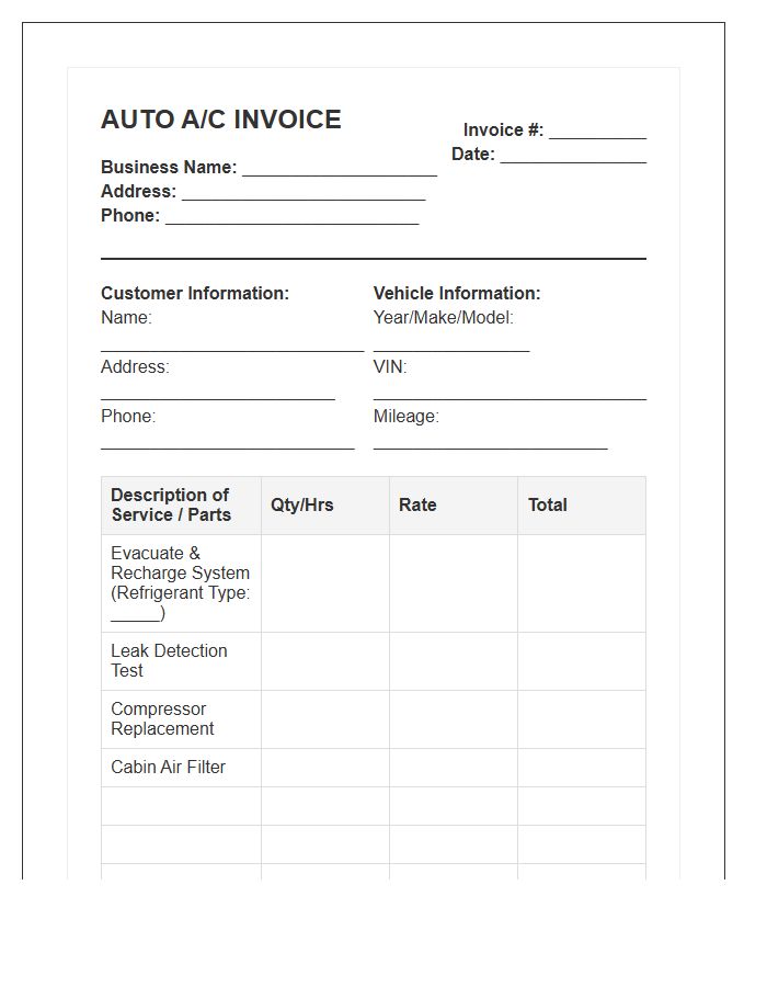 Auto Air Conditioning Invoice Template