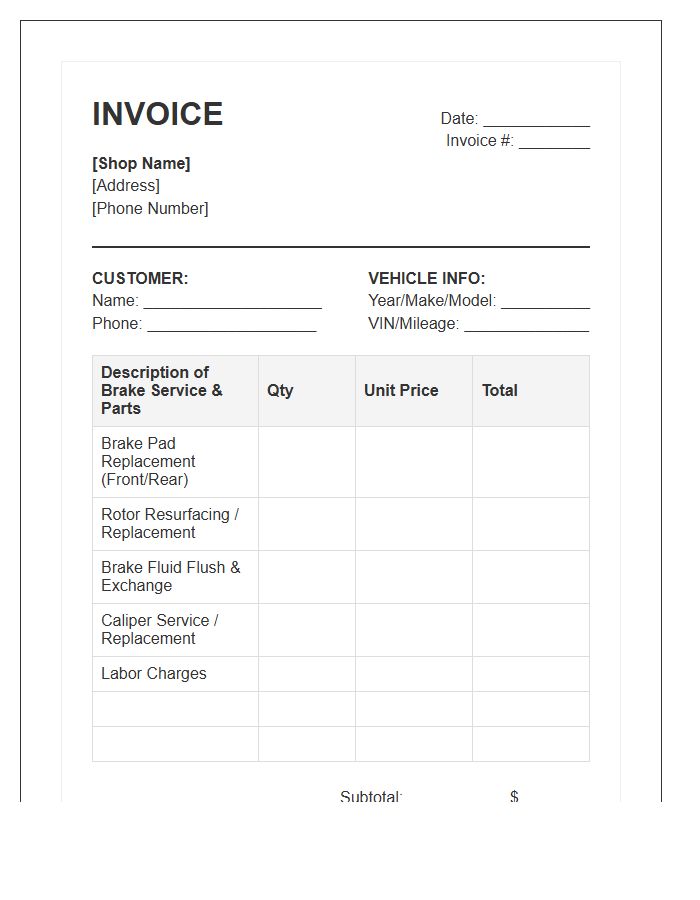 Brake Repair Service Invoice Template