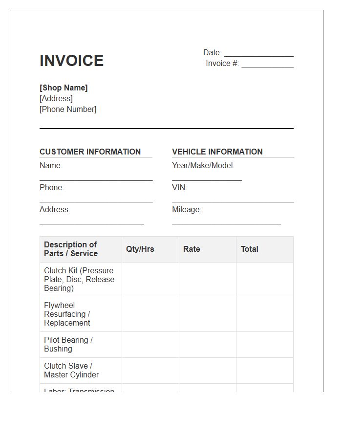 Clutch Assembly Repair Invoice Template