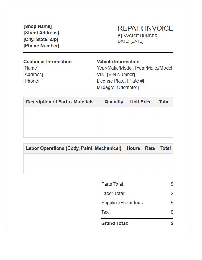Collision Damage Repair Invoice Template