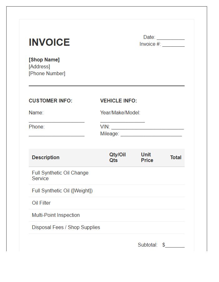 Full Synthetic Oil Change Invoice Template