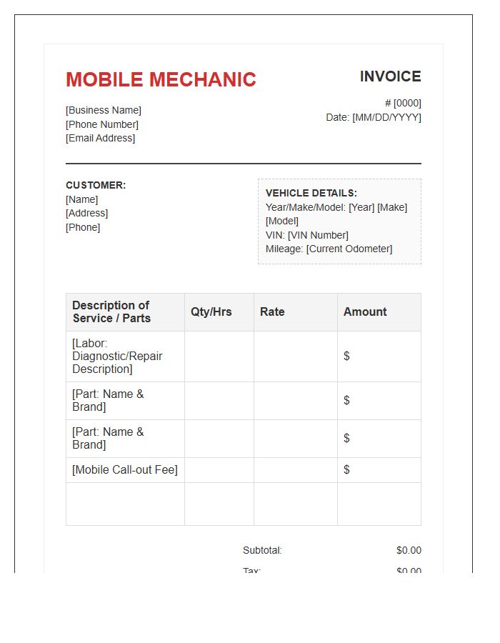 Mobile Auto Mechanic Invoice Template