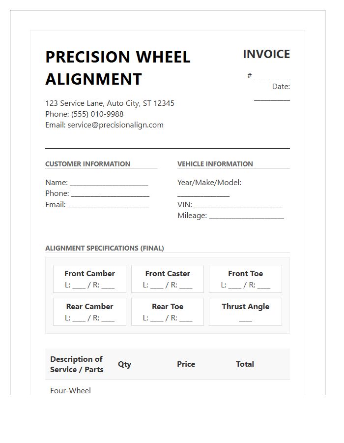 Precision Wheel Alignment Invoice Template