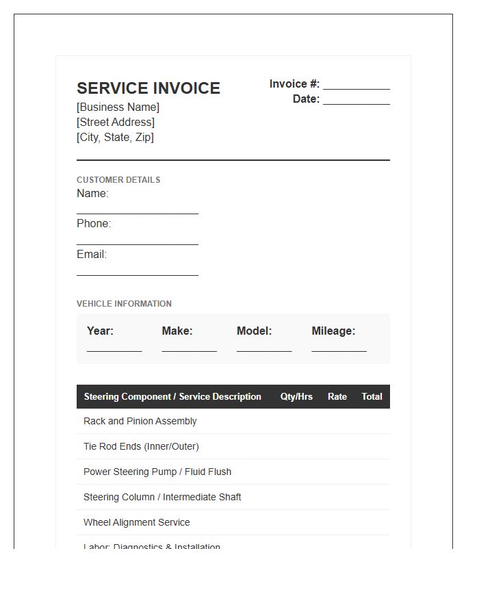 Steering System Service Invoice Template