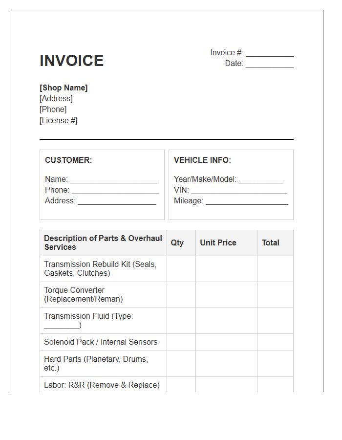 Transmission Overhaul Invoice Template
