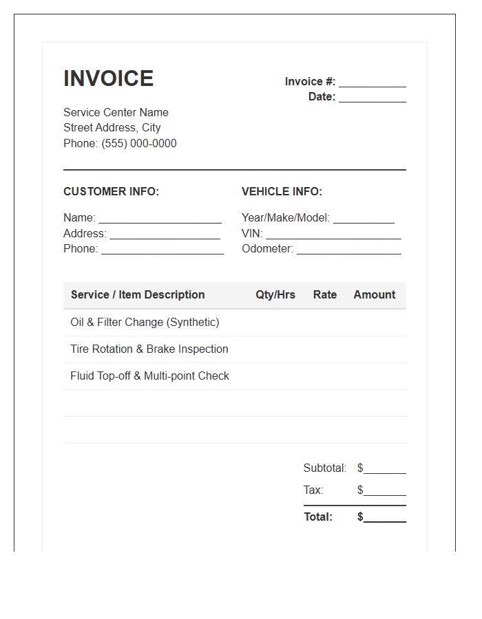 Vehicle Preventive Maintenance Invoice Template