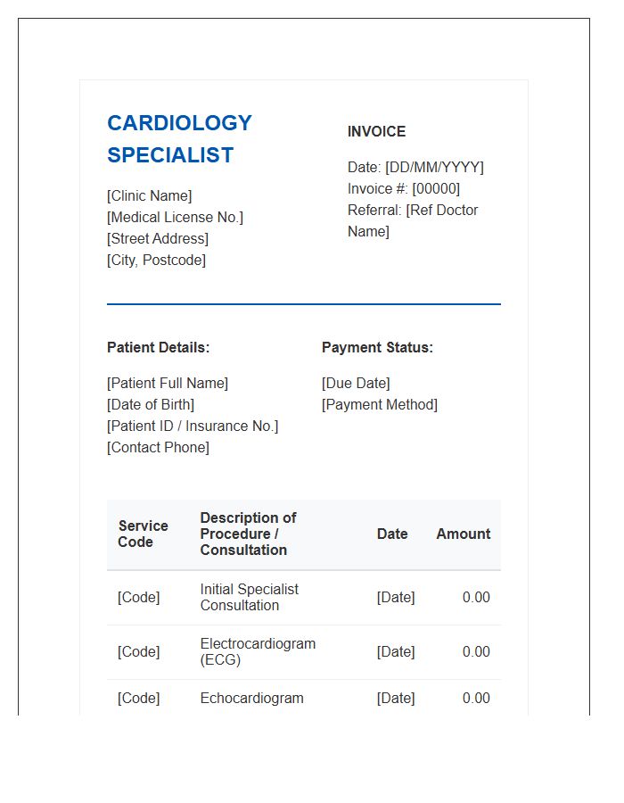 Cardiology Specialist Private Patient Invoice Template