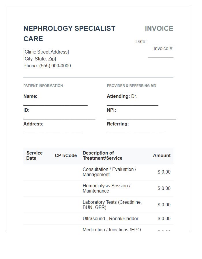 Nephrology Specialist Treatment Patient Invoice Template