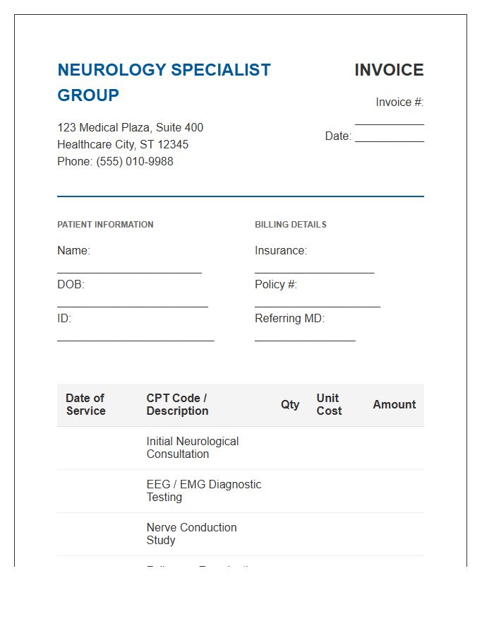 Neurology Specialist Office Patient Invoice Template