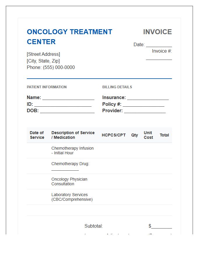 Oncology Treatment Center Patient Invoice Template