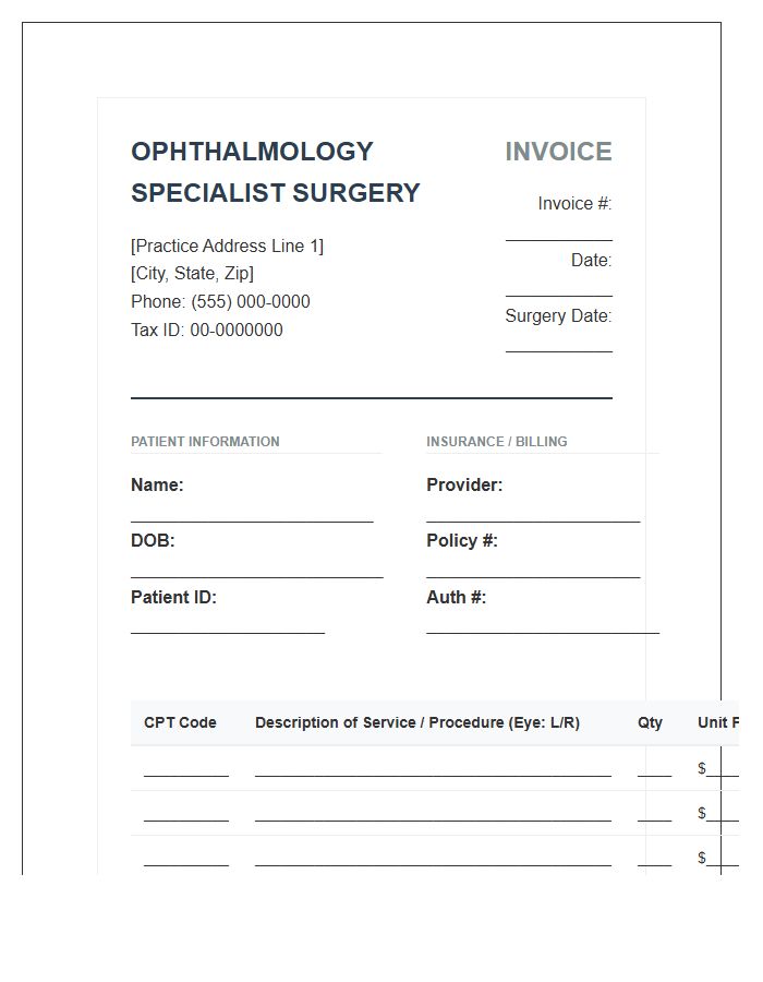 Ophthalmology Specialist Surgery Patient Invoice Template