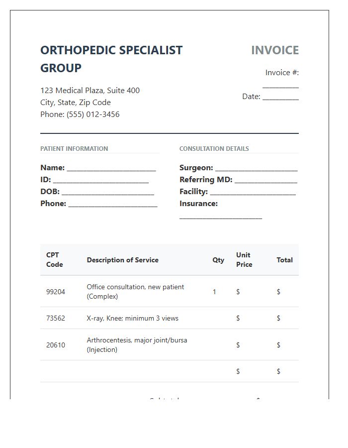 Orthopedic Surgeon Consultation Patient Invoice Template
