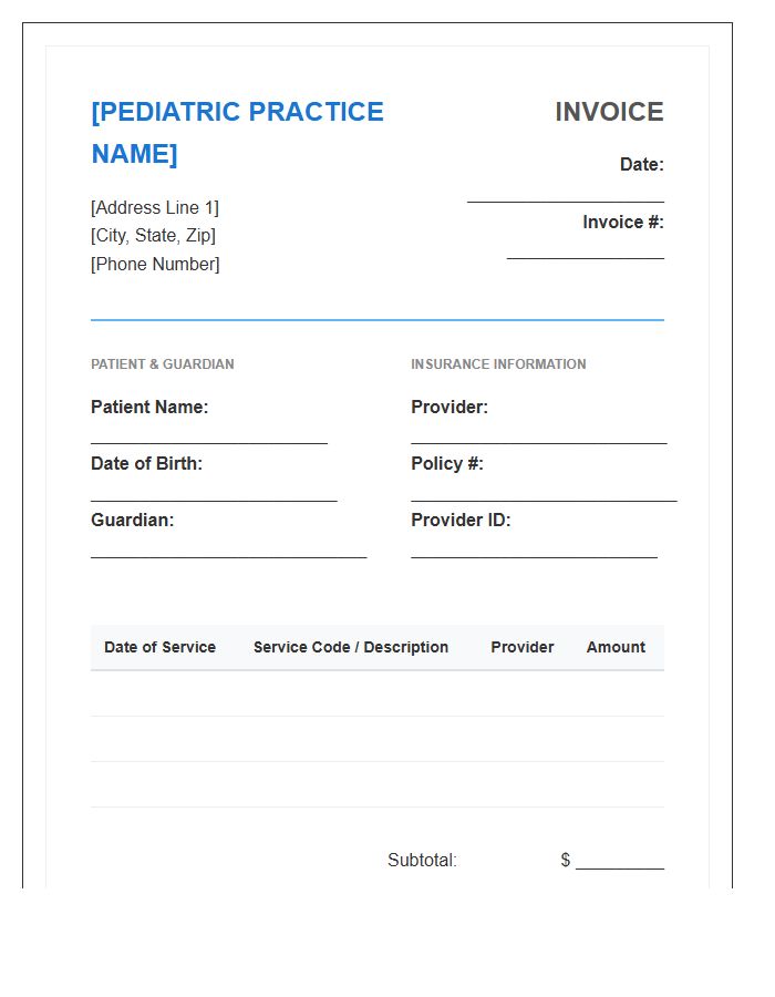 Pediatric Specialist Care Patient Invoice Template