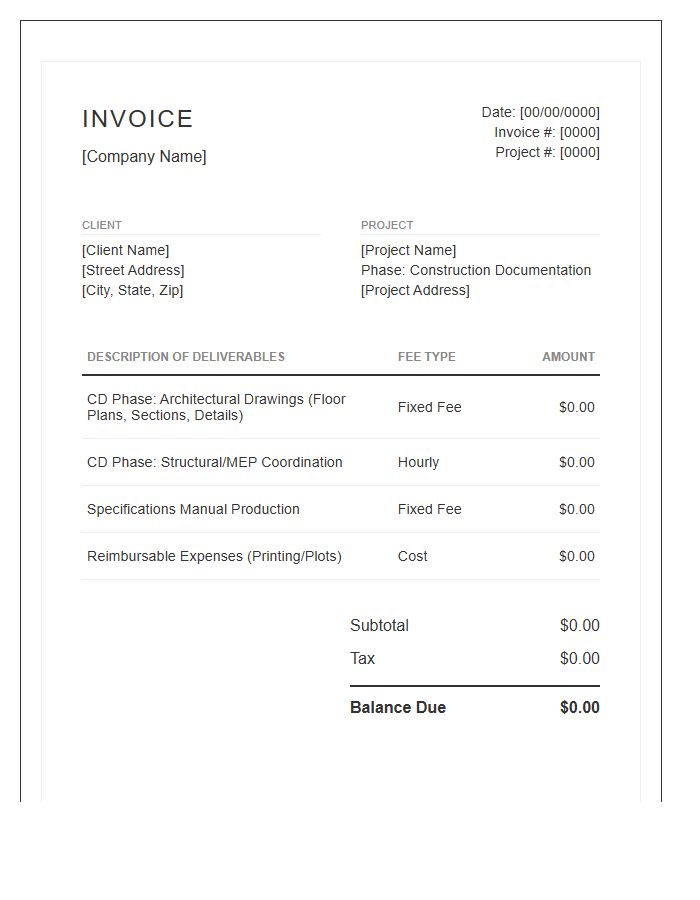 Construction Documentation Phase Invoice Template