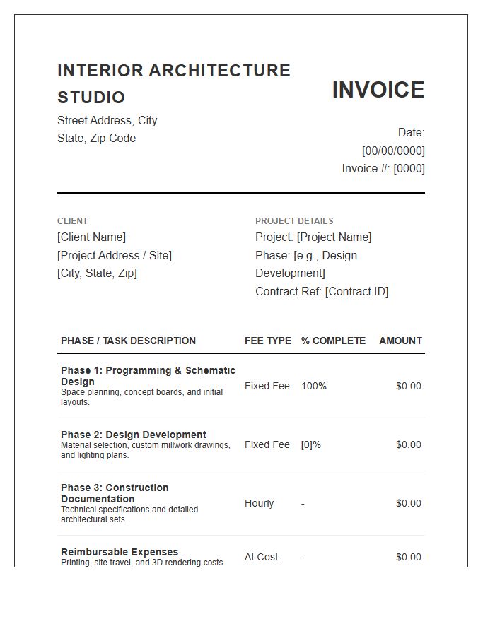 Interior Architecture Phase Invoice Template