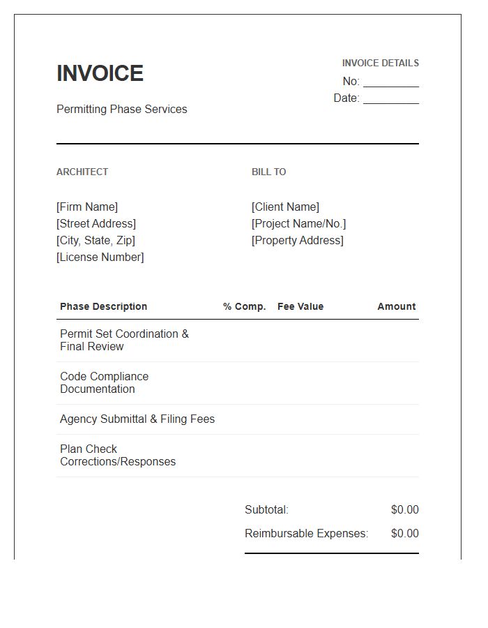 Permitting Phase Architecture Invoice Template