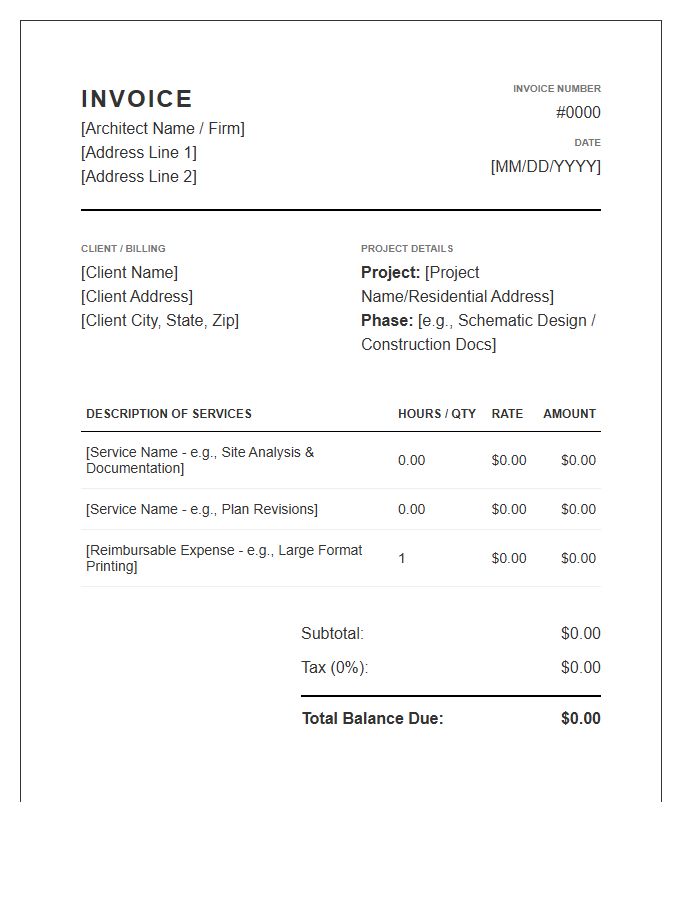 Residential Architect Project Invoice Template