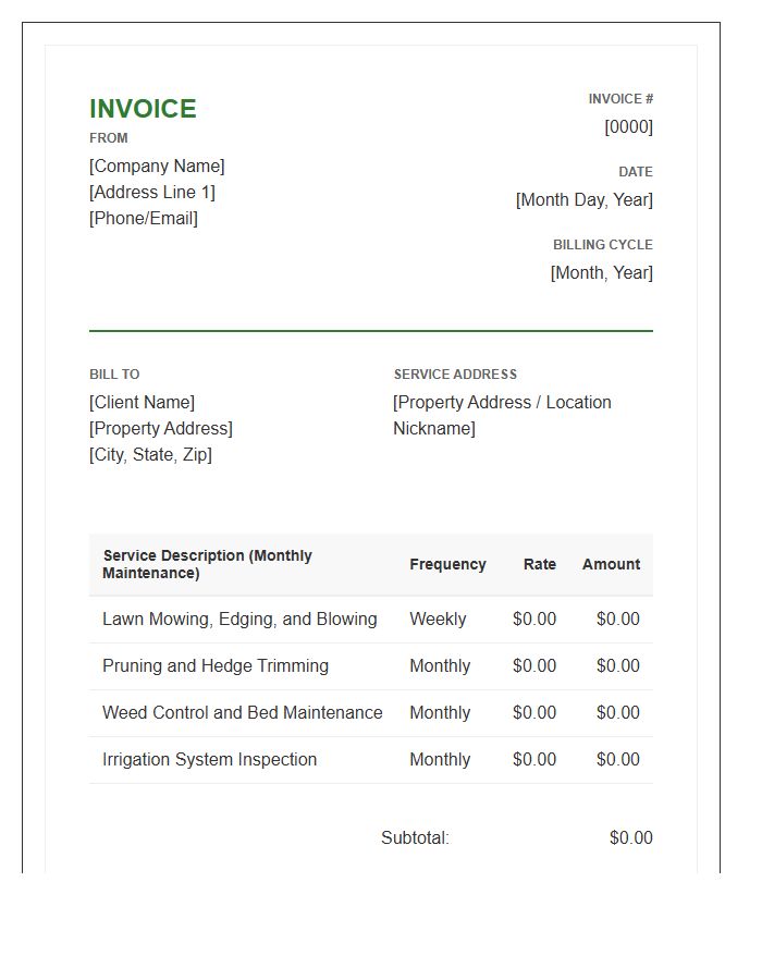 Monthly Landscaping Maintenance Recurring Invoice Template