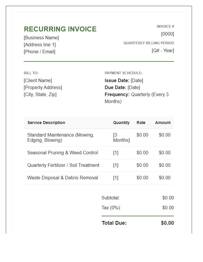 Quarterly Landscaping Service Recurring Invoice Template