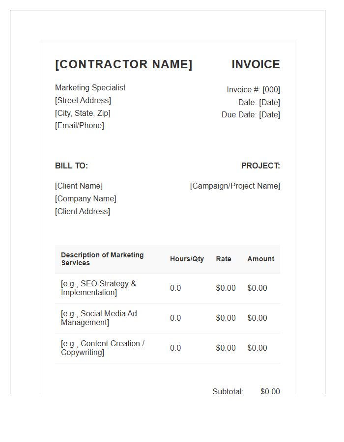 Independent Contractor Marketing Specialist Invoice Template