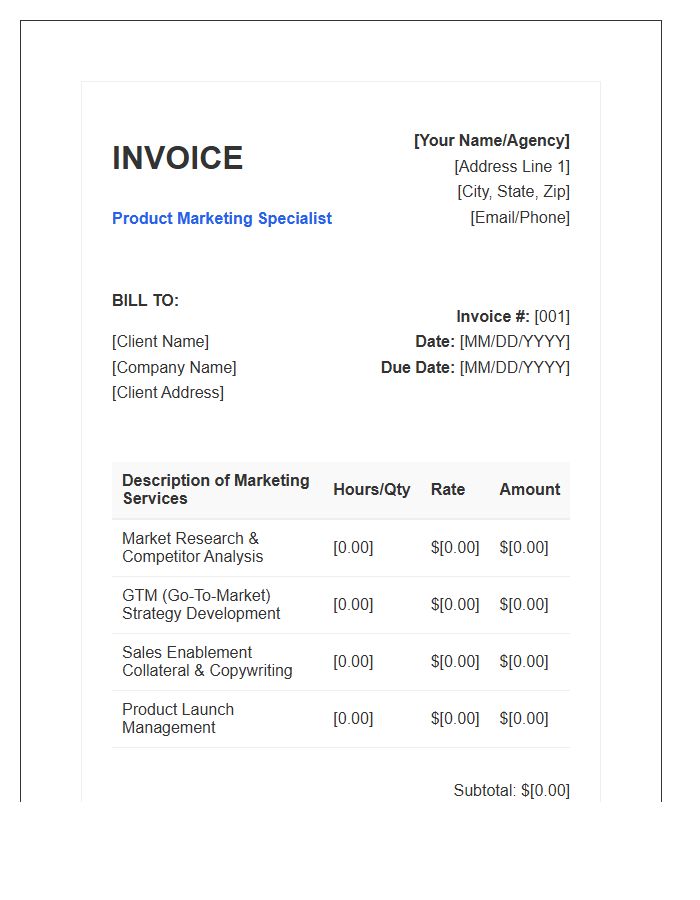 Product Marketing Specialist Invoice Template