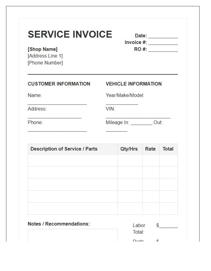 Auto Repair Shop Service Invoice Template