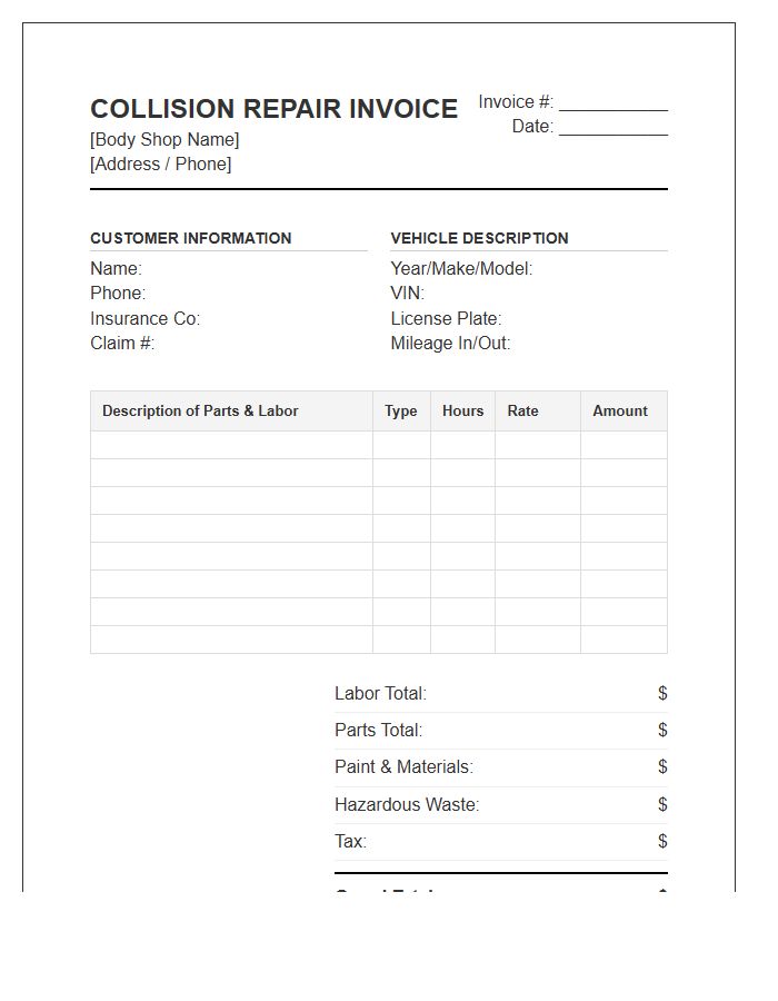 Body Shop Collision Repair Invoice Template