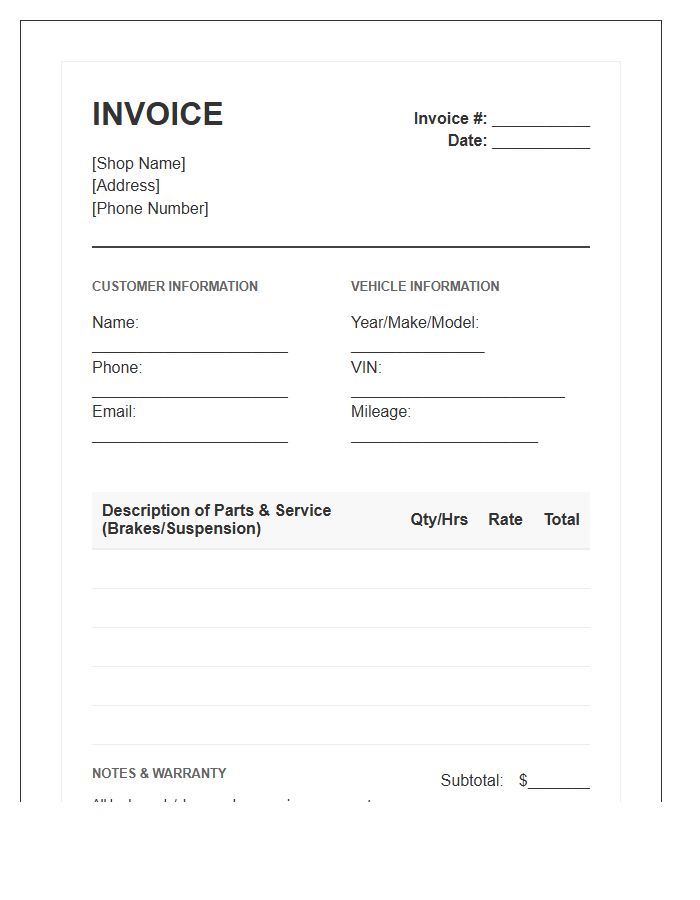 Brake And Suspension Repair Invoice Template