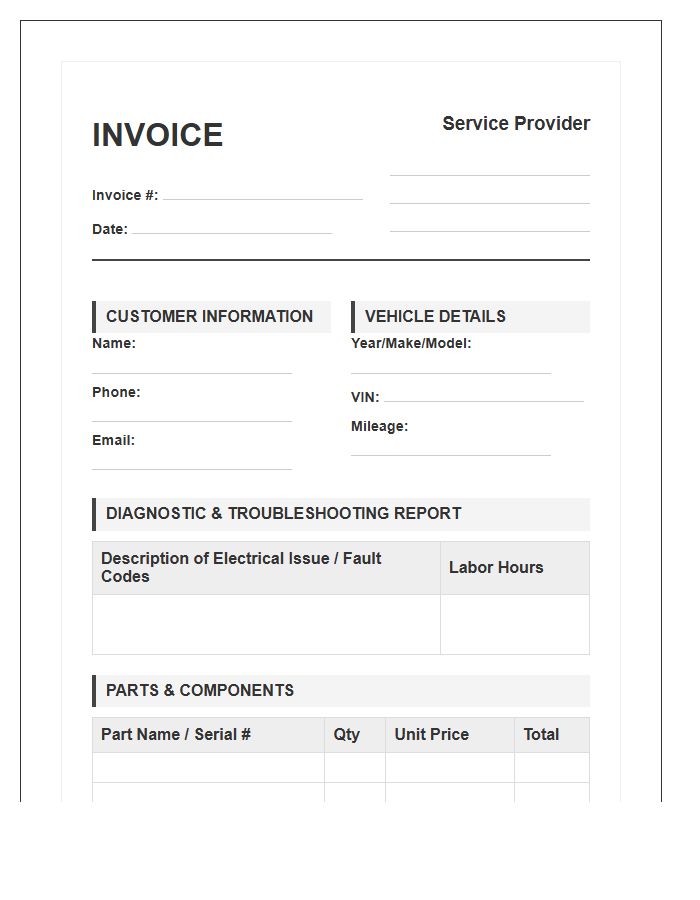Car Electrical System Troubleshooting Invoice Template