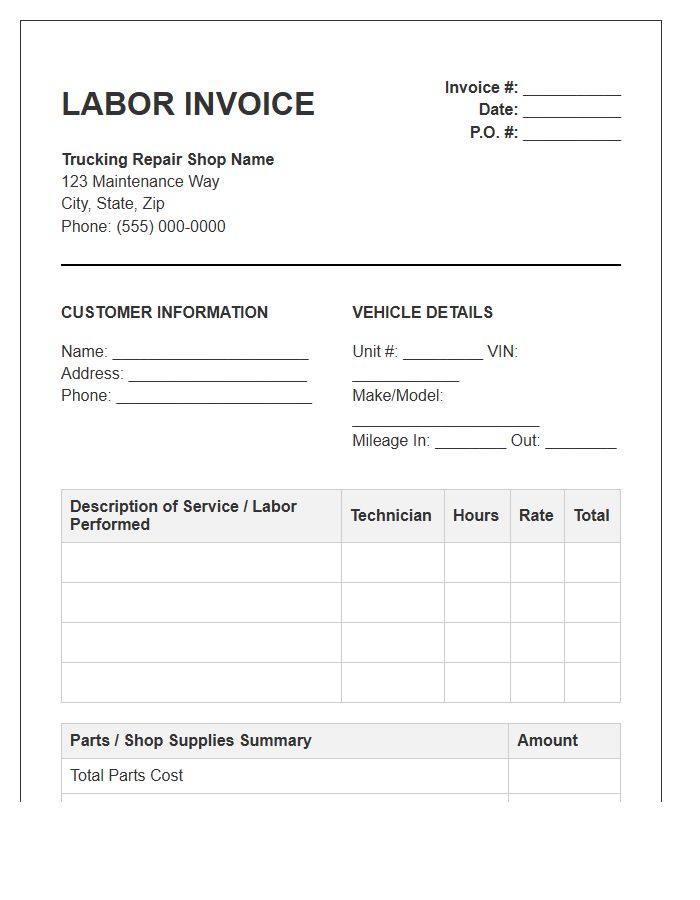 Commercial Truck Repair Labor Invoice Template