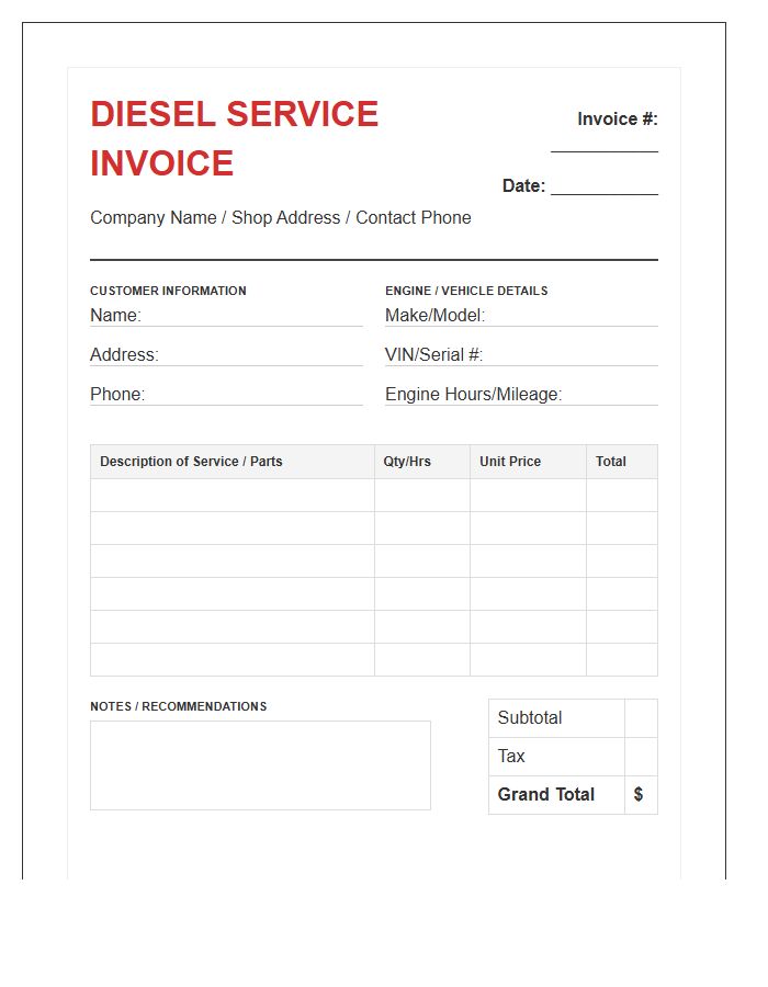 Diesel Engine Maintenance Service Invoice Template