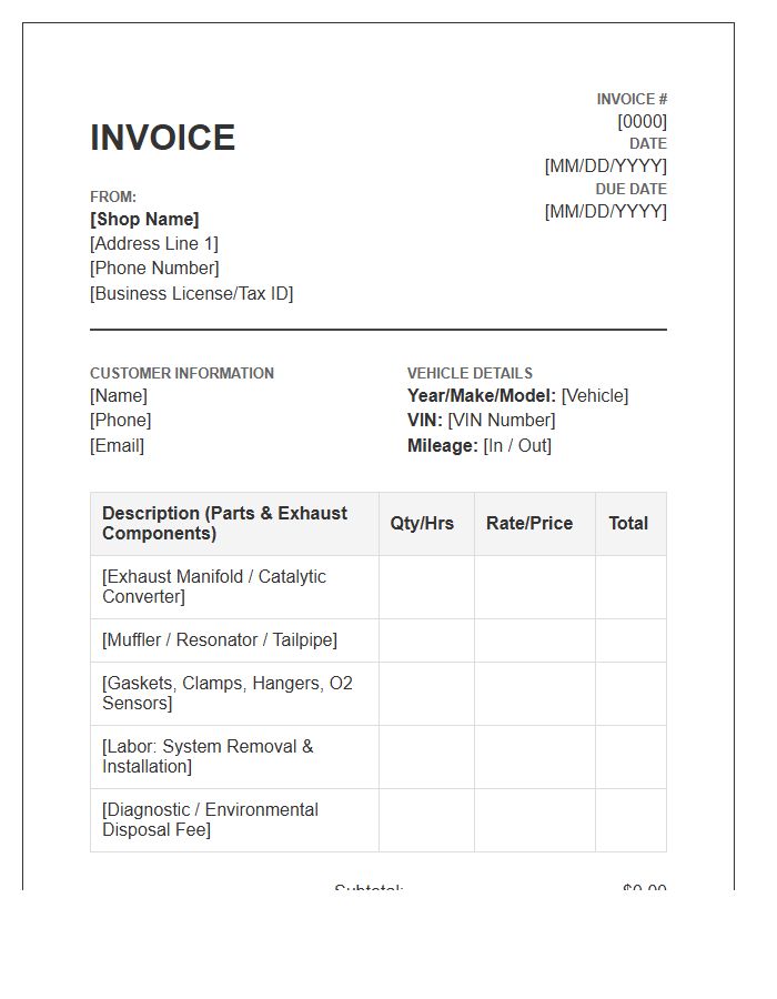 Exhaust System Replacement Mechanic Invoice Template