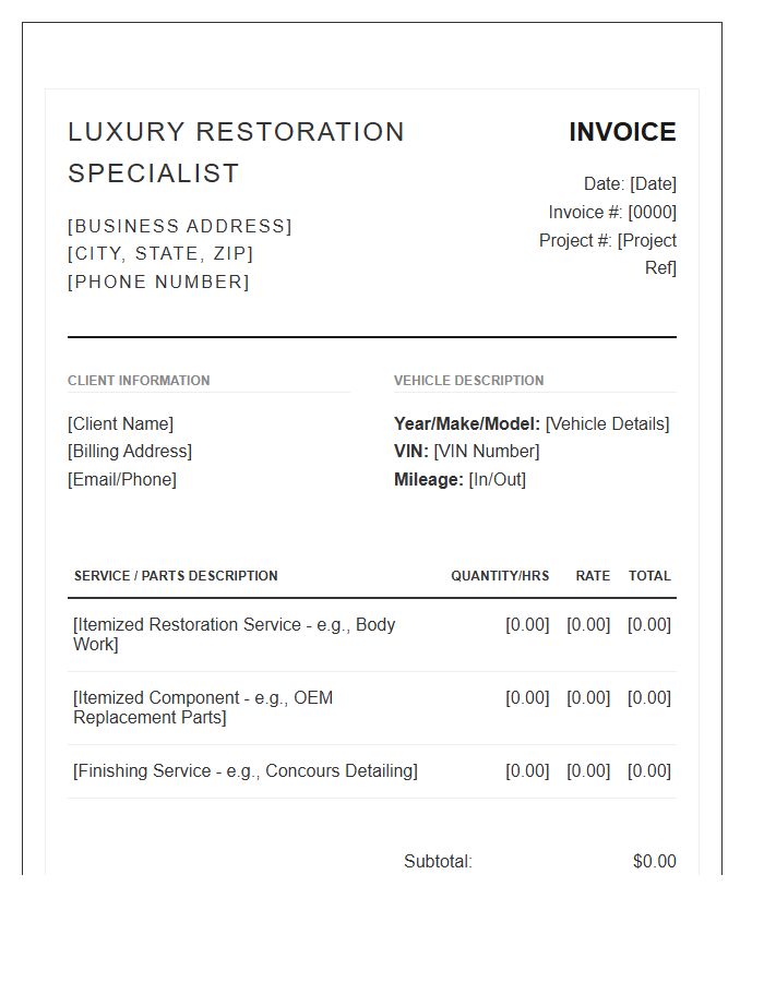 Luxury Vehicle Restoration Specialist Invoice Template