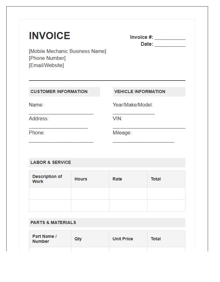 Mobile Mechanic Labor And Parts Invoice Template
