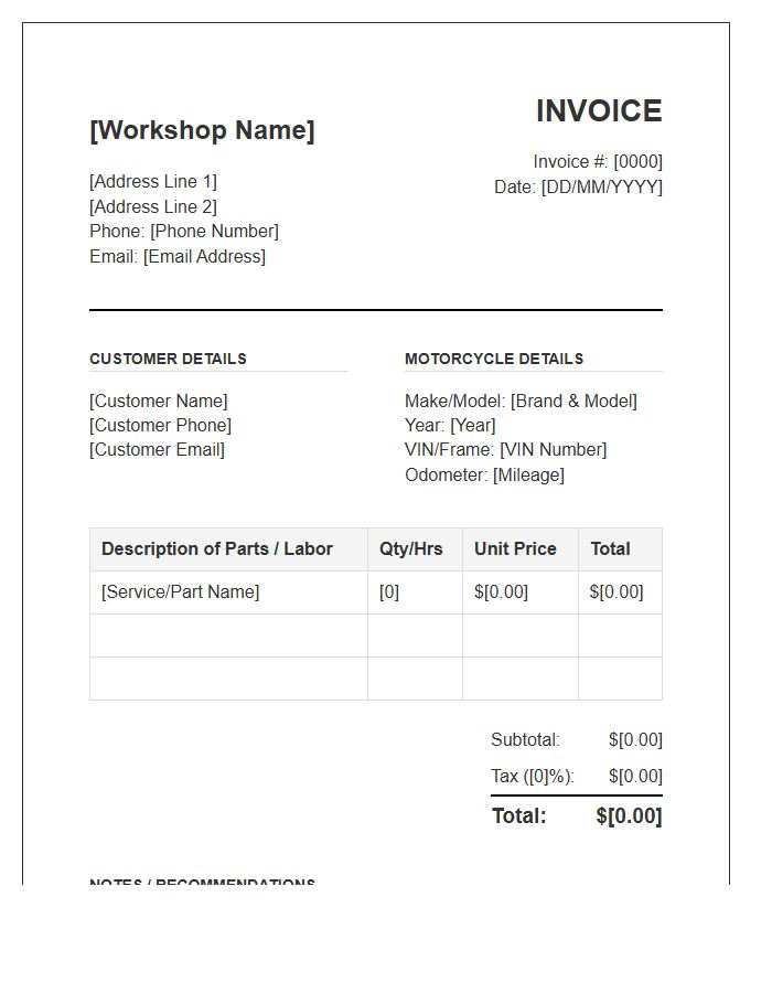 Motorcycle Repair Workshop Professional Invoice Template